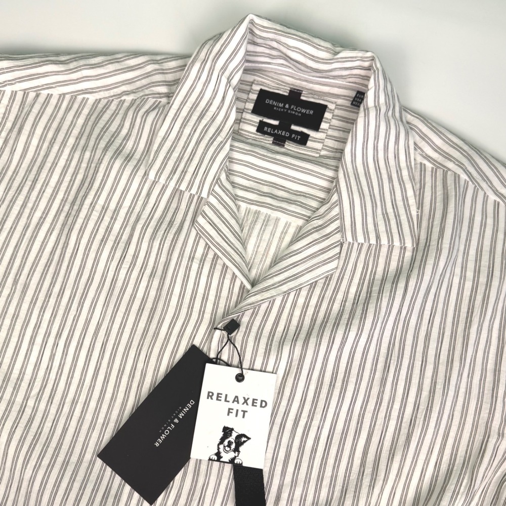 Denim & Flower Mens M Shirt Relaxed Fit Striped Short Sleeve Button Down NWT